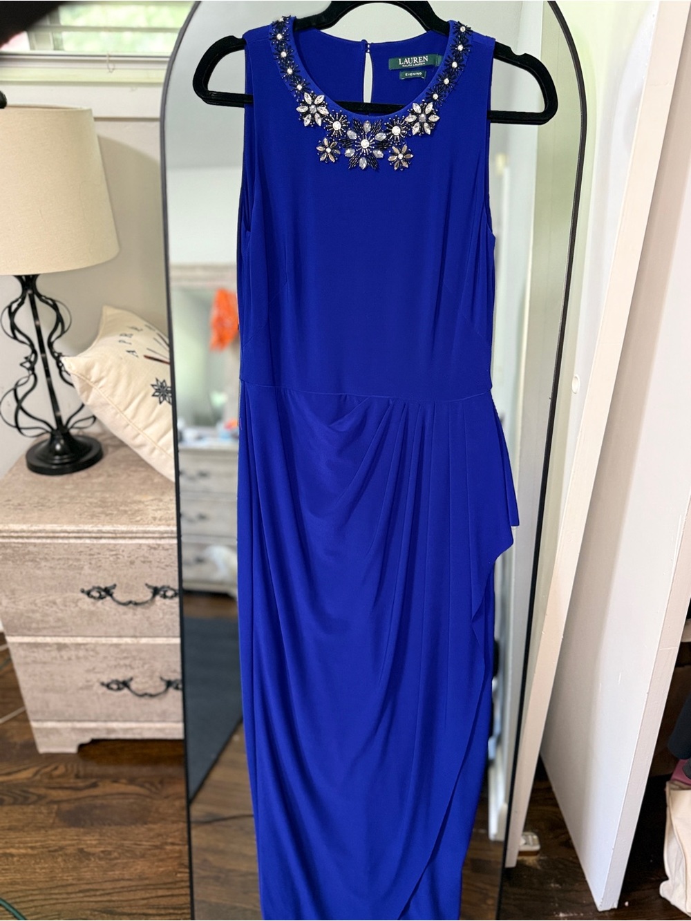 Lauren Ralph Lauren Royal Blue Embellished Ruched Jersey Dress 6